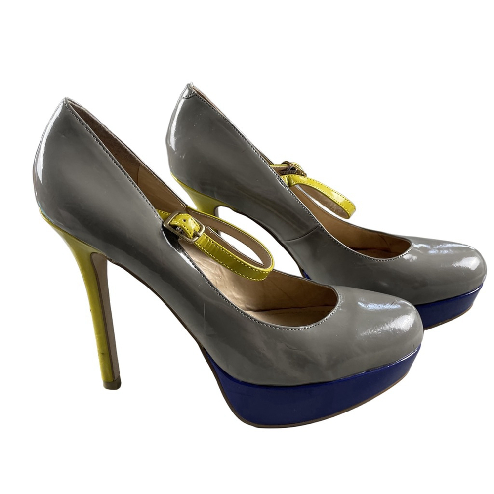 Steve Madden Womens Size 11 P-Tiger Platform Mary Jane Heels Gray Blue Yellow